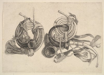 Pięć rogów myśliwskich, 1625-77. autorstwa Wenceslaus Hollar