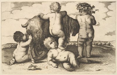 Czterech chłopców, młody satyr i koza kopia, XVII wiek. autorstwa Wenceslaus Hollar