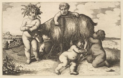 Czterech chłopców, młody satyr i kopia koza w rewersie, XVII w. . autorstwa Wenceslaus Hollar