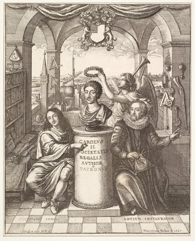 Frontyspis Historii Towarzystwa Królewskiego w Londynie Thomasa Spratta, wyd. 1702 autorstwa Wenceslaus Hollar