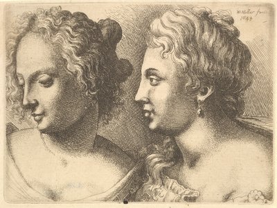 Głowy dwóch młodych kobiet, 1645. autorstwa Wenceslaus Hollar