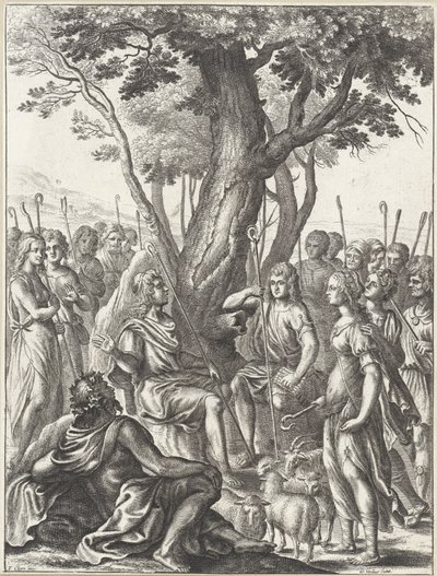 Pasterz Meliboeus sędziuje grę pasterzy Corydon i Thyrsis Dzieła Wergiliusza (tytuł serii) autorstwa Wenceslaus Hollar