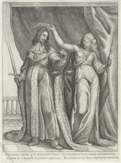 Król Karol I z Anglii uwielbiony przez Justitia autorstwa Wenceslaus Hollar