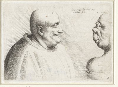 Głowy dużego łysego mężczyzny i groteskowej kobiety Varie figurae et probae (tytuł serii) Karykatury, głowy i deformacje wg Leonarda da Vinci (tytuł serialu) autorstwa Wenceslaus Hollar