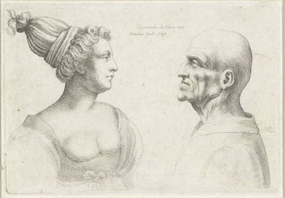 Głowy łysego mężczyzny i kobiety w turbanach Varie figurae et probae (tytuł serii) Karykatury, głowy i deformacje wg Leonarda da Vinci (tytuł serii) autorstwa Wenceslaus Hollar
