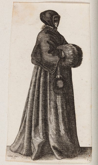 Kobieta ubrana na czarno, w maskę, czepek i mufkę autorstwa Wenceslaus Hollar