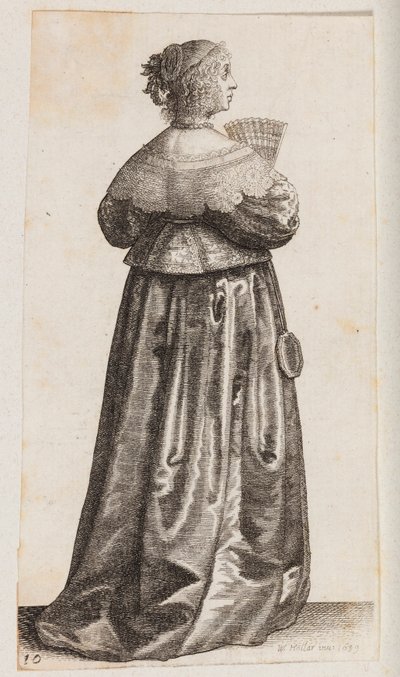 Kobieta z wachlarzem i lustrem, widziana od tyłu autorstwa Wenceslaus Hollar