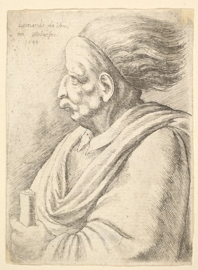 Mężczyzna o karykaturalnych rysach twarzy i włosach spływających z tyłu, w połowie długości do lewej, 1648. autorstwa Wenceslaus Hollar
