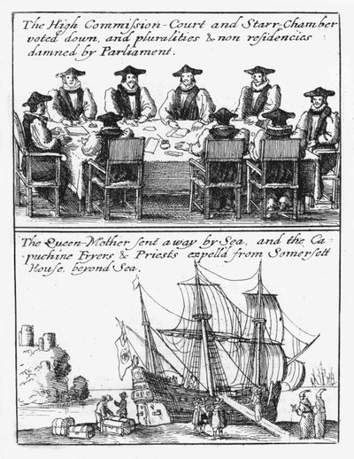 Członkowie Izby Gwiazdy; Królowa Henrietta Maria wypływa z Anglii autorstwa Wenceslaus Hollar