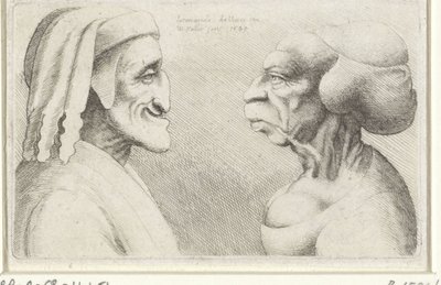 Zdeformowane karykaturalne głowy mężczyzny w kapeluszu (Dante?) i kobiety Varie figurae et probae (tytuł serii) Karykatury, głowy i deformacje wg Leonarda da Vinci (tytuł serii) autorstwa Wenceslaus Hollar
