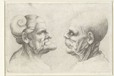 Zdeformowane głowy łysego mężczyzny i kobiety z rogami na głowie Varie figurae et probae (tytuł serii) Karykatury, głowy i deformacje wg Leonarda da Vinci (tytuł serialu) autorstwa Wenceslaus Hollar
