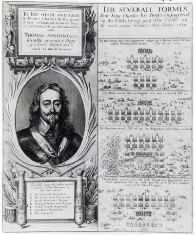 Portret króla Karola I z diagramami przedstawiającymi formację jego wojsk podczas wojny biskupiej, ok. 1639 autorstwa Wenceslaus Hollar