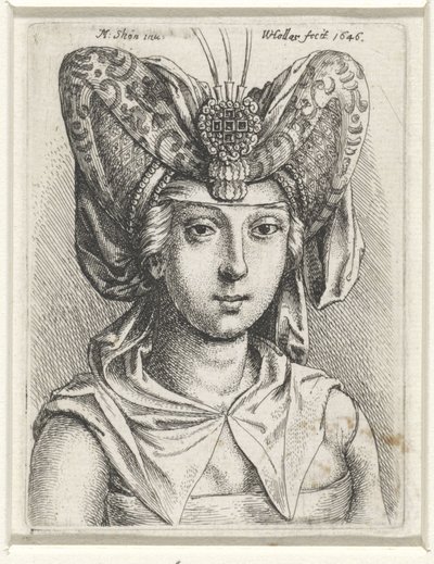 Portret kobiety z bourreletem w kształcie litery V na głowie autorstwa Wenceslaus Hollar