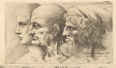 Rząd trzech głów z profilu po lewej, 1645. autorstwa Wenceslaus Hollar