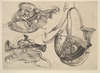 Siedem rogów myśliwskich w trzech grupach, 1625-77. autorstwa Wenceslaus Hollar