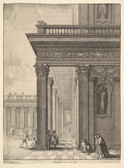 Dziedziniec świątynny z figurami, wg Davida Teniersa Starszego, 1625-77. autorstwa Wenceslaus Hollar