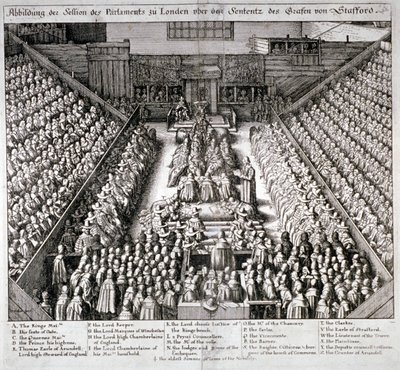 Proces Thomasa Wentwortha, hrabiego Strafford, Westminster Hall, Londyn, 1641. autorstwa Wenceslaus Hollar