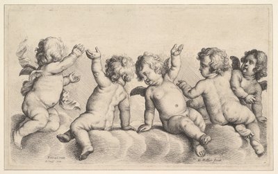 Trzech cherubinów i dwóch chłopców na chmurach, 1620-77. autorstwa Wenceslaus Hollar