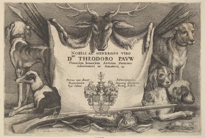 Strona tytułowa z psami i sprzętem myśliwskim, 1646. autorstwa Wenceslaus Hollar