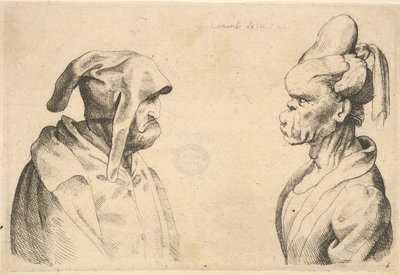 Dwie zdeformowane głowy zwrócone do siebie, 1625-77. autorstwa Wenceslaus Hollar