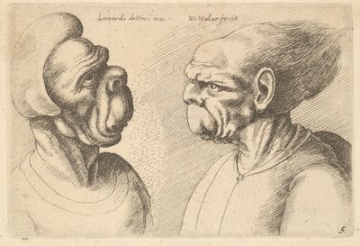 Dwie zdeformowane głowy skierowane do wewnątrz, 1625-77. autorstwa Wenceslaus Hollar