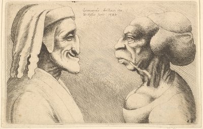 Dwie zdeformowane głowy postać po lewej jest prawdopodobnie karykaturą Dantego, 1645. autorstwa Wenceslaus Hollar