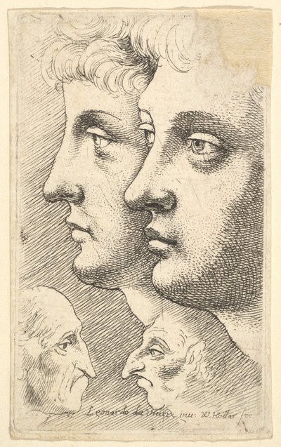 Dwóch młodzieńców z profilu po lewej z dwiema groteskowymi głowami zwróconymi do siebie w dole, 1625-77. autorstwa Wenceslaus Hollar
