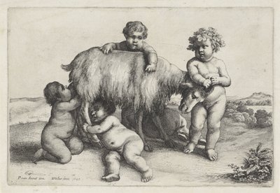 Czterech chłopców, satyr i koza stoją po prawej stronie Putti i Satyrowie (tytuł serii) autorstwa Wenceslaus Hollar