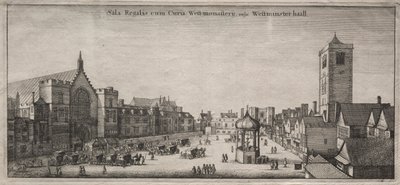 Widoki na Londyn: New Palace Yard z Westminster Hall i Clock House, 1647. autorstwa Wenceslaus Hollar