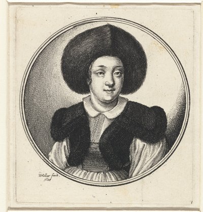 Kobieta w futrzanym kapeluszu Kobiece popiersia w okrągłych ramach (tytuł serii) autorstwa Wenceslaus Hollar