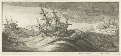 Okręty wojenne i tryskający wieloryb autorstwa Wenceslaus Hollar