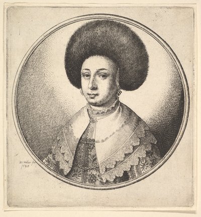 Kobieta z dużym okrągłym futrzanym kapeluszem i kolczykami, 1645. autorstwa Wenceslaus Hollar