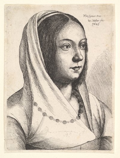 Młoda kobieta z szalikiem na głowie, według Bonsignori, 1645. autorstwa Wenceslaus Hollar
