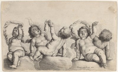 Trzech cherubinów i dwóch chłopców wznoszących jedną rękę na chmurach autorstwa Wenceslaus Hollar, after Peeter van Avont