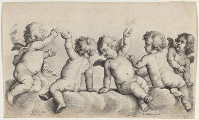 Trzech cherubinów i dwóch chłopców na chmurach autorstwa Wenceslaus Hollar, after Peeter van Avont