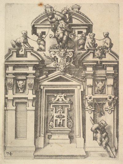 Projekt budowli architektonicznej z motywem myśliwskim, tablica 74 z Ar. Dietterlina, 1598. autorstwa Wendel Dietterlin the Elder