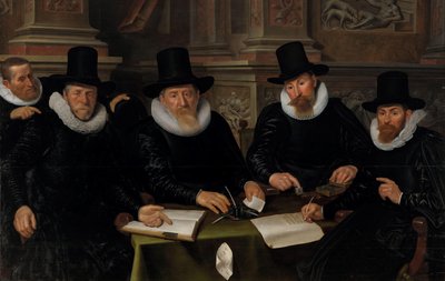 Czterech regentów i „ojciec domowy” amsterdamskiego azylu dla trędowatych Czterech regentów i gospodarz Domu Trędowatego, Amsterdam autorstwa Werner van den Valckert