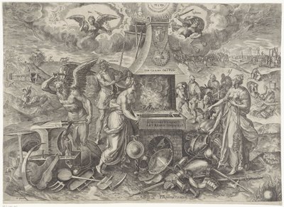Potęga Pokoju, 1577 Die Cracht des Peys (tytuł na obiekcie) Alegorie odnowionego okresu pokoju w Holandii (tytuł serii) autorstwa Wierix