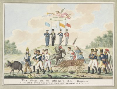 Karykatura wygnania Napoleona na Elbę, 1814 Zejście kata z Menschen Napoleona i jego potworów do Imperium Greckiego (tytuł na obiekcie) autorstwa Wijnand Esser (attributed to)