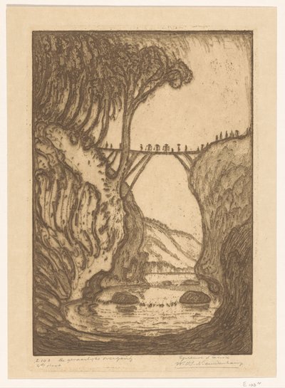 Drewniany most nad wąwozem rzeki na Bali Niebezpieczne przejście (tytuł oryginalny) autorstwa Wijnand Otto Jan Nieuwenkamp (signed by artist)