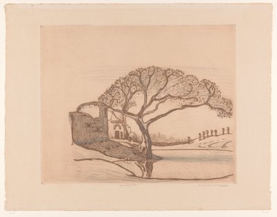 Domy, drzewo nad stawem i kobiety z dzbanami na wodę na głowach W pobliżu Kairu (tytuł oryginalny) autorstwa Wijnand Otto Jan Nieuwenkamp (signed by artist)