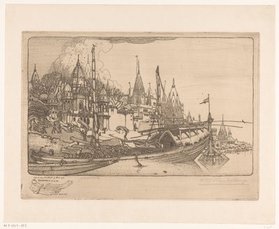 Statek z drewnem opałowym na brzegu Gangesu w Benares Statek z drewnem opałowym, Benares (tytuł oryginalny) autorstwa Wijnand Otto Jan Nieuwenkamp (signed by artist)