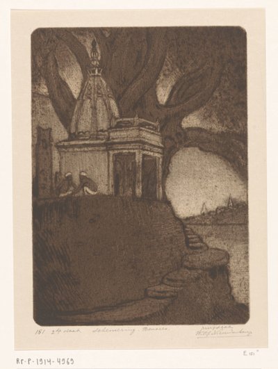 Świątynia w Benares nocą Zachód słońca, Benares (tytuł oryginalny) autorstwa Wijnand Otto Jan Nieuwenkamp (signed by artist)