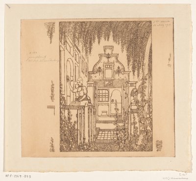 Kobieta w tradycyjnym stroju puka do drzwi wejściowych w Edam Przy drzwiach wejściowych (tytuł oryginalny) autorstwa Wijnand Otto Jan Nieuwenkamp (signed by artist)