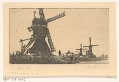 Wipmolens na Vliście między Haastrecht i Schoonhoven Młyny wodne w pobliżu Goudy (tytuł oryginalny) autorstwa Wijnand Otto Jan Nieuwenkamp (signed by artist)
