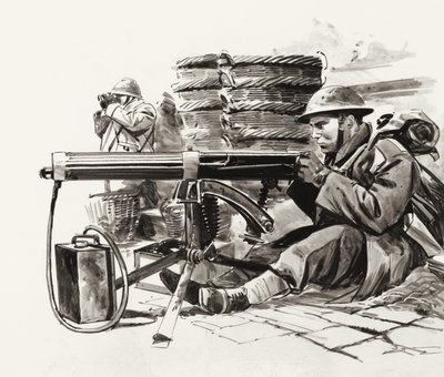 Brytyjski strzelec maszynowy czekający na Niemców pod Dunkierką (gwasz na papierze) autorstwa Wilf (20th century) Hardy