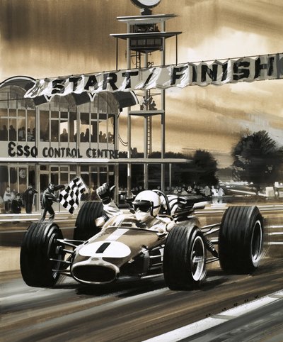 Jack Brabham pokazuje kciuk w górę, wygrywając pierwsze w historii Grand Prix Kanady autorstwa Wilf (20th century) Hardy