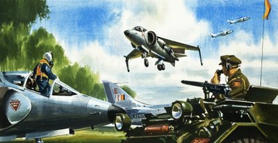 Spójrz - brak pasa startowego. Najnowsze osiągnięcia w dziedzinie samolotów. Harrier Jump Jet autorstwa Wilf (20th century) Hardy