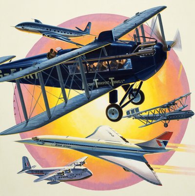 Montaż samolotów pasażerskich, w tym Concorde (gwasz na papierze) autorstwa Wilf (20th century) Hardy