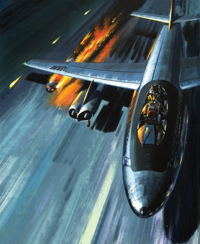 Koszmar w płonącym bombowcu, ilustracja z książki "Ludzie i maszyny autorstwa Wilf (20th century) Hardy